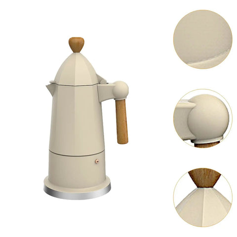 Portable 6 Cup Octagonal Aluminum Espresso Pot for Camping Office Cafe or Restaurant White Coffee Maker with wood handle and lid detail