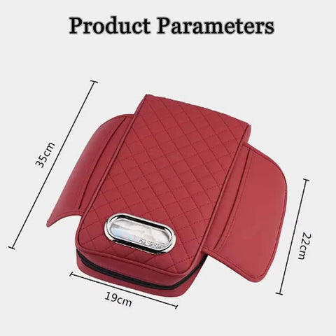 Premium Waterproof PU Leather Center Console Armrest Booster Cushion Pad Fit For Tesla Cybertruck 2025, red with measurements.