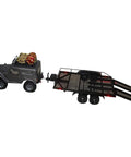 Heavy Duty Metal Trailer Cargo Carrier Kit For One Ten Scale RC Crawler Cars attached to a dark truck with gear on top.