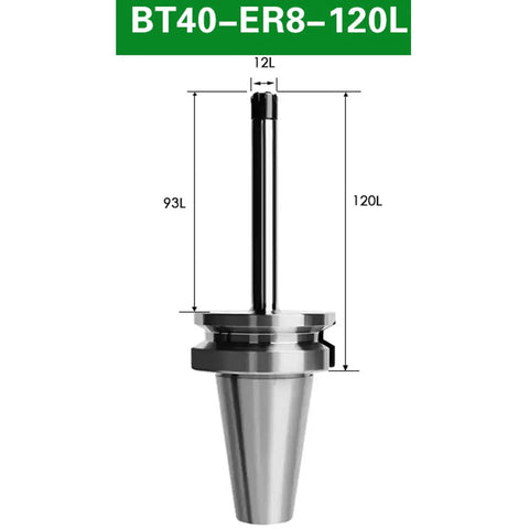 Heavy Duty Bt40 Er8 Collet Chuck Holder For CNC Machines with dimensions for precise fitting and a robust alloy steel build.