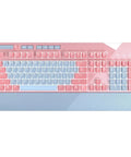 Dope Pink Mechanical Gaming Keyboard And Mouse Combo With Full Spectrum RGB Backlighting Smooth Action Keys And Ultra Portable Mouse Pad top view of pink keyboard with grey keys and wrist rest