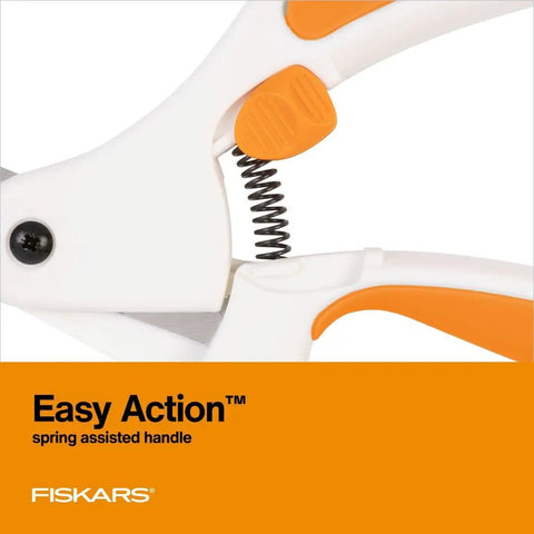 Premier No 8 Easy Action Scissors, close-up of spring-assisted handle with orange accents and titanium coating, ideal for crafts.