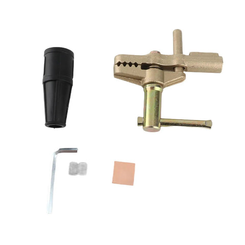 Heavy Duty 600A Brass Welding Ground Clamp With Screw Connection For All Copper Cables Anti Oxidation Heavy Metal Jobs Like Ship Yards parts including clamp, cap, and tools.