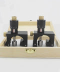 Magnetic Two Piece Planer Setting Gauge And Cutter Calibrator with black knobs in a wooden case, fits all planers.