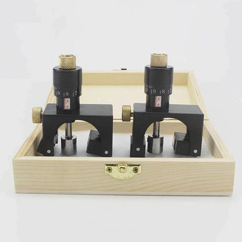 Magnetic Two Piece Planer Setting Gauge And Cutter Calibrator with black knobs in a wooden case, fits all planers.