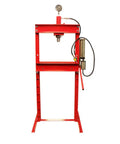 Heavy Duty 20 Ton Air Hydraulic Floor Shop Press With Bulky H Style Frame And Wide 22 Inch Work Base visible from front angle.