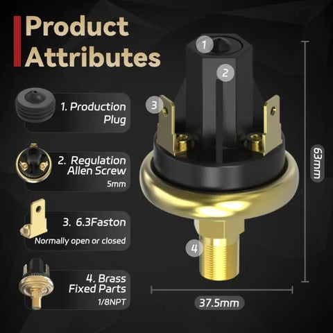 Heavy Duty Pressure Switch With Built In Gauge For Air Oil And Water Systems, 63mm height, showing brass fixed parts, industrial grade