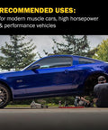 PowerStop front brake pads being installed on blue SUV; wheel removed, mechanic underneath the vehicle