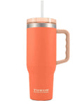 Rock Solid 40 Oz Stainless Steel Vacuum Insulated Tumbler with Copper Plate Technology Keeps Ice Cold for 24 Hours and Piping Hot for 6 Hours No Sweat Performance Ideal for Coffee and Iced Drinks in orange with handle and straw.