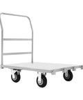 Heavy Duty Platform Truck Cart With Rock Solid Steel Deck And Smooth Roll Casters Built To Shift Two Thousand Pounds Like A Pro Warehouse Workhorse For Daily Hauling Tasks, featuring four durable casters.