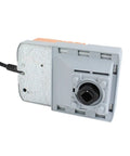Top Shelf 10 Nm Rotary Actuator For Ventilation Ducts With Sick Valve Adjustment Manual Override Plug And Play 24 Volt AC DC Motor rear view with power connector.