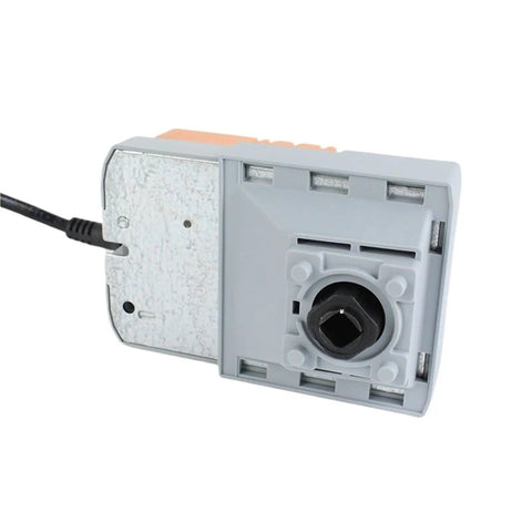 Top Shelf 10 Nm Rotary Actuator For Ventilation Ducts With Sick Valve Adjustment Manual Override Plug And Play 24 Volt AC DC Motor rear view with power connector.