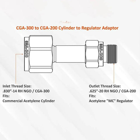 Diagram of Beefy Acetylene Gas Cylinder To Regulator Adapter Brass Connector For CGA-200, CGA-300 detailing thread sizes and fittings