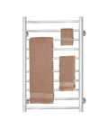 Curved 10 Bar Wall Mounted Towel Warmer Hardwired Electric Bath Towel Heater displayed with three hanging towels