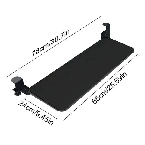 Hella Sturdy Under Desk Keyboard And Mouse Tray Pull Out Sliding Platform With Secure C Clamp Mount System Instant Install Height Adjustable For Ergonomic Workstation dimensions shown on black tray
