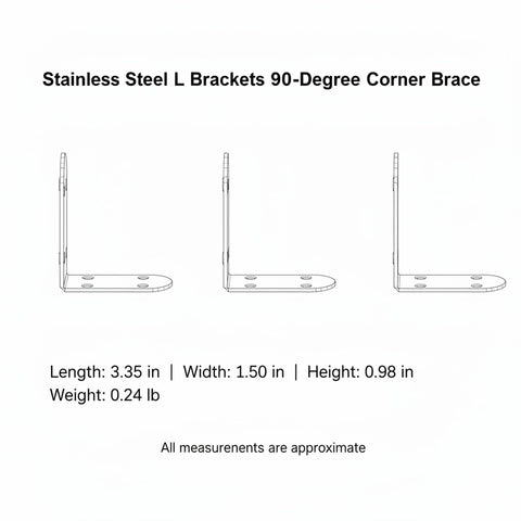 Diagram of Rock Solid Stainless Steel L Brackets 90 Degree Corner Brace For Furniture And Shelf Reinforcement 4 Pack, dimensions labeled