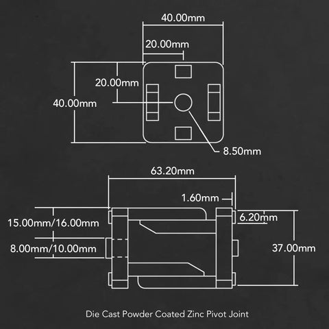 40mm X 40mm Pivot Joint Connector With Insert Tabs For Aluminum T Slot 40 Series, 8.5mm hole diagram