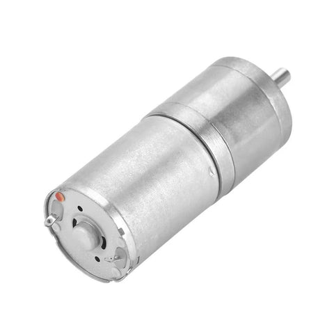 Side view of a 12V DC gear motor with encoder, 25mm metal housing and output shaft on the right