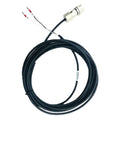 MR-BKCNS1 servo motor brake cable with black jacket, metal connector at end and exposed red/white leads.