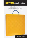 Built Like A Tank Professional Grade Bottom Base Cribbing Plate 23 X 23 Inches Square Steel Stackable Build Handles 100 Ton Loads No Sweat High Visibility Cargo Stabilizer Pad in bright yellow with handle.