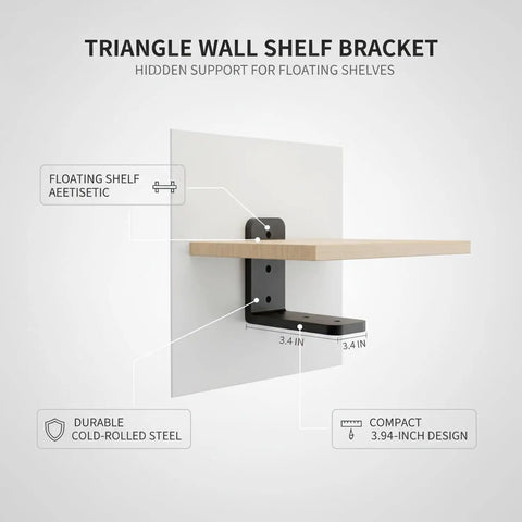 Hidden Triangular Shelf Bracket For Floating Shelves In Cold Rolled Steel 3.94 Inch Mount attached to wall with wooden shelf.