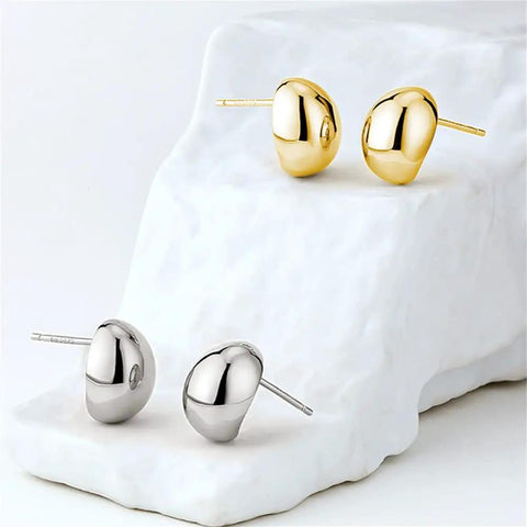 Chunky Half Ball Stud Earrings For Women With Gold Tone Finish Hypoallergenic Minimalist Oval Cartilage Studs Brass Base With 925 Sterling Silver Post Nickel Free And Lead Free Gift Velvet Pouch, gold and silver pairs