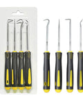 Front view of 6.5in 4-piece automotive hook and pick set with yellow and black comfort-grip handles (Amazon).