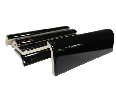 Black 2x6 Inch Ceramic Tile Bullnose Mud Cap Trim Edge Subway Style Dope Gloss Finish 5 Piece Set angled view