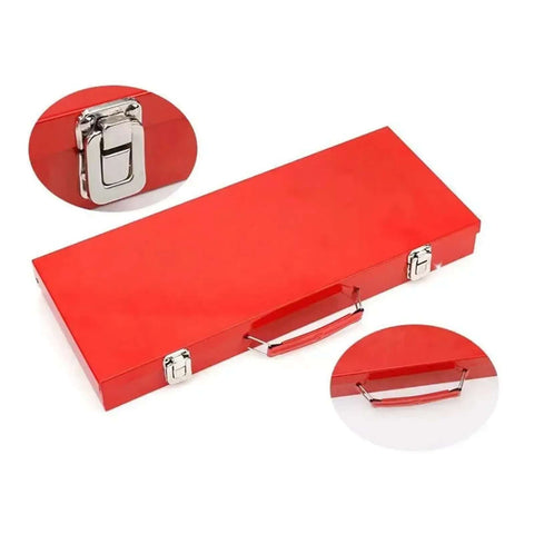 Grease Monkey Approved 35 Piece Half Inch Drive Metric Socket Wrench Set With Pegboard Organizer Tray and Essential Hand Tools, red metal case.