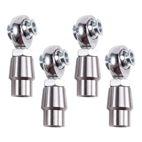 Rock Solid 4Pcs 5/8-18 Rod End Kit With Left And Right Thread Heim Joints Includes Spacers Tube Adapters Jam Nuts For Custom Suspension And Steering Builds Top Shelf Durability close-up of four shiny steel rod ends with spherical joints.