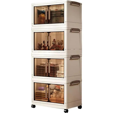 Big League Stackable Storage Bins with Secure Lids, 4-Tier Collapsible Plastic Cabinet showcasing toys and blankets.