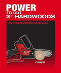 Cordless Pruning Saw 12V Six Inch Blade Model 2527-20 cutting 3-inch hardwoods, demonstrating power and precision for trees and shrubs.