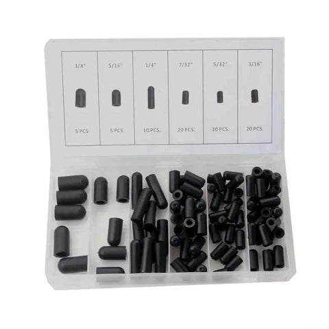 80 Piece Rubber Vacuum Line Cap Assortment Kit For Carburetor And Engine Manifolds With 6 Sizes Including 5/32 Inch To 3/8 Inch Great For Tight Seals And Fast Auto Repairs Under the Hood, black rubber caps in organizer
