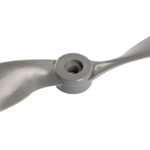 2 Vane Direct Drive Nylon RC Propeller Set in Gray with Adapter Rings, close-up view, CW direction, smooth surface detailing.