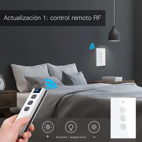Person using remote to control Smart Dimmer Light Switch 2/3 Way With Remote Control And Tuya Smart Life App Compatibility, in bedroom.