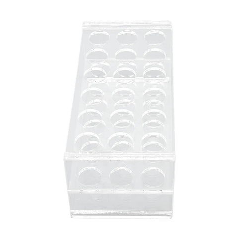 Acrylic Test Tube Rack With 18 Well Holder For 17Mm Tubes, Highly Polished Surface, Lab Grade Organizer, top view, empty slots.