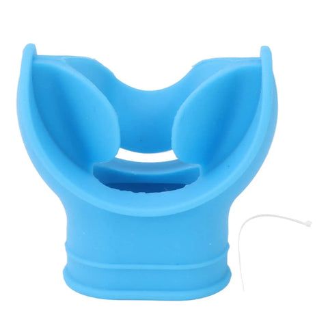 Blue silicone mouthpiece for snorkel and regulator, universal comfort bite, soft food-grade silicone, reduces jaw fatigue, easy fit.