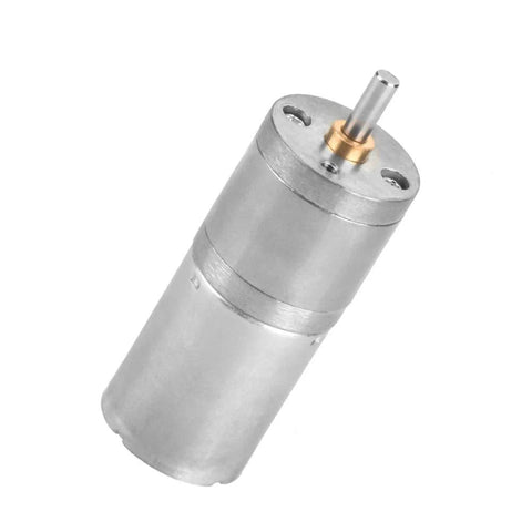 12V DC gear motor with encoder, 25mm diameter, metal housing, angled view with shaft