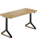 Smooth Electric Standing Desk With Natural Wood Top Adjustable Height Workstation Quiet Motor Gaming Setup Home Office Writing Table Completely Stress Free For Your Daily Grind showing black and wood base.