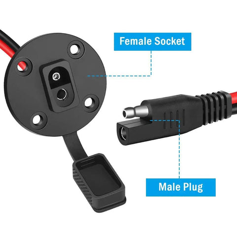 Beefy Weatherproof SAE Connector Power Cable Set 12AWG Extension Sidewall Port Flush Mount Quick Connect with female socket and male plug