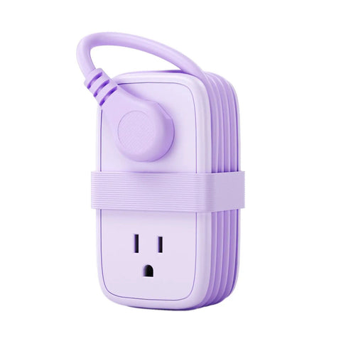 Purple Travel Power Strip With Four Outlets And Three USB Ports Including USB C Four Foot Wrapped Extension Cord Flat Plug Cruise Ready And Hotel Room Essentials For Easy Packing compact design.