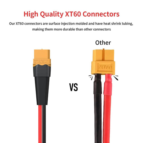 Comparison of high quality XT60 connectors vs other connectors, featuring durable build with heat shrink tubing.