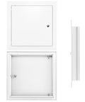 Front and side views of QWORK 10x10 flush aluminum access door, white powder-coated panel.