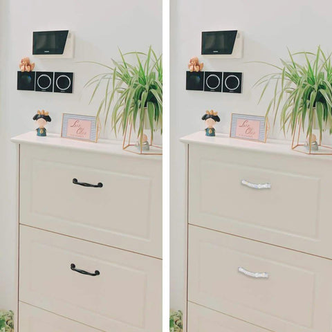 Comparison of dresser with standard handles and Crystal Drawer Pulls Bling Handles For Dresser Cupboard Closet Wardrobe Doors 14 Cm 4 Pack In White