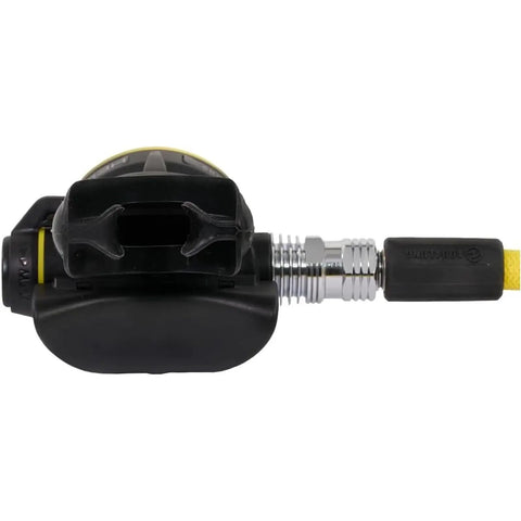 Front view of Ultra Compact Pro Octopus For Scuba Diving With Pneumatically Balanced Breathing Venturi Switch and yellow hose