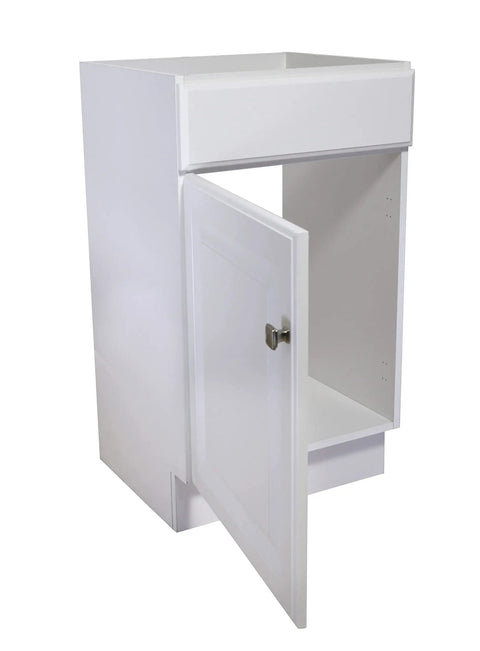 Unassembled White Bathroom Vanity Cabinet With One Door Frameless Design 18 By 16 Inches No Top Spacious Interior open door view.