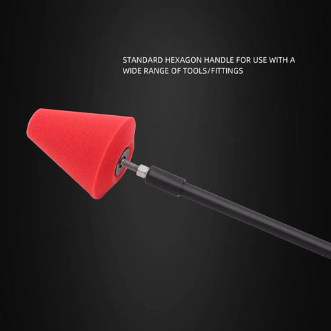 Close-up of red polishing cone attached to drill from Five Piece Pro Grade Car Polishing Cone Kit For Your Drill, Buffing Sponges And Polishing Ball.