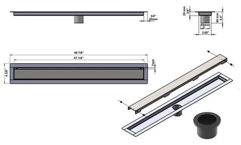 Heavy Duty Linear Shower Drain For Tile Floors Featuring A Slick Brushed Finish and dimensions 48 7/8" by 4 3/8".