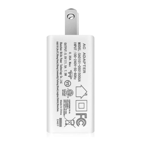 White US Plug 5V 1.5A Switching AC Adapter Wall Charger For USB Cables CCTV Cameras Wireless Cameras IP Cameras Security Devices And Doorbells Home Security Systems Must Have. Back view showing specifications.
