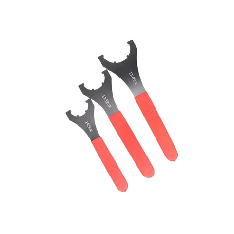 Top Tier UM Type ER25 Collet Key Wrench For ER20 ER32 Nuts Perfect Smooth Grip On CNC Milling And Lathe Tool Holders Quick Swaps Made Easy - set of three wrenches with red handles.